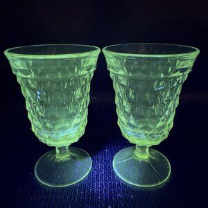 Fostoria American Glassware 8 oz Cubist Footed Cups Manganese 365nm Set 2 Clear